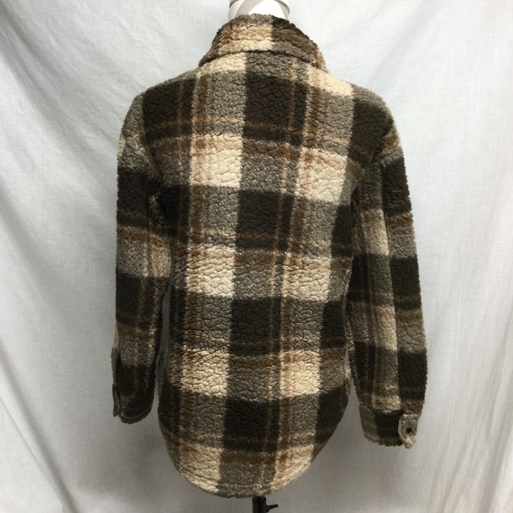 Almost Famous Womens Plaid Sherpa Shacket Button-Up Jacket in Brown & Cream Sz M - Picture 5 of 11